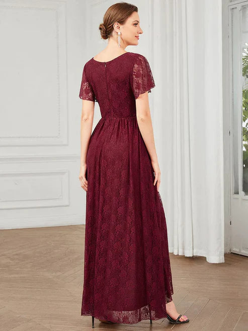 Asymmetric Pleated V-Neck Ankle-Length Short Sleeve Ruffled Lace Evening Dress/Prom Dresses Party Dresses Wedding Guest Dresses