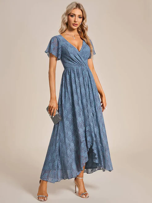 Asymmetric Pleated V-Neck Ankle-Length Short Sleeve Ruffled Lace Evening Dress/Prom Dresses Party Dresses Wedding Guest Dresses