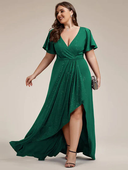Plus Size Glitter Ruffled High-Low Front Slit Evening Dress/Prom Dresses Party Dresses Wedding Guest Dresses