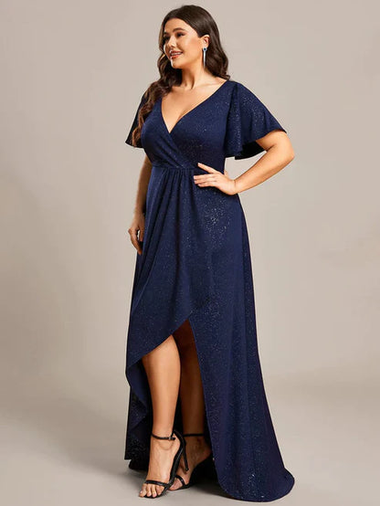 Plus Size Glitter Ruffled High-Low Front Slit Evening Dress/Prom Dresses Party Dresses Wedding Guest Dresses