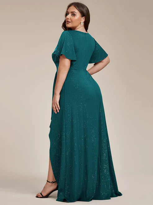 Plus Size Glitter Ruffled High-Low Front Slit Evening Dress/Prom Dresses Party Dresses Wedding Guest Dresses