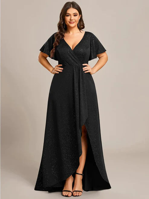 Plus Size Glitter Ruffled High-Low Front Slit Evening Dress/Prom Dresses Party Dresses Wedding Guest Dresses