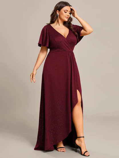 Plus Size Glitter Ruffled High-Low Front Slit Evening Dress/Prom Dresses Party Dresses Wedding Guest Dresses
