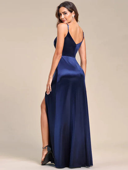 Spaghetti Straps High Stretch V-Neck Sleeveless Satin Evening Dress/Prom Dresses Party Dresses Wedding Guest Dresses With Slit