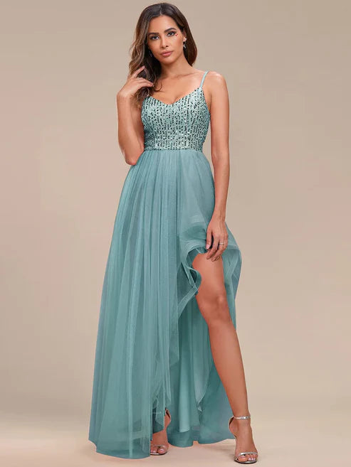 Spaghetti Strap Sequin Top A-Line High Low Tulle Asymmetric Evening Dress/Prom Dresses Party Dresses Wedding Guest Dresses