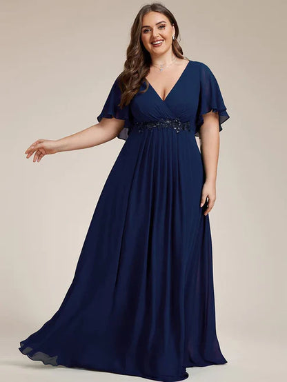 Plus Size Floral Applique Short Sleeve A-Line Chiffon Evening Dress/Prom Dresses Charming Party Dresses