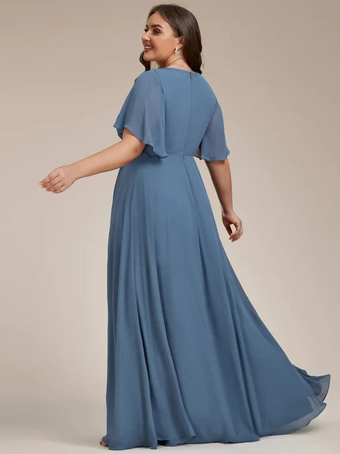 Plus Size Floral Applique Short Sleeve A-Line Chiffon Evening Dress/Prom Dresses Charming Party Dresses
