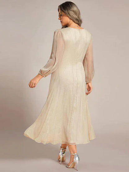 Plus Size Twist Knot Louts Leaf Long Sleeve A-Line Evening Dress With Prom Dresses Party Dresses Wedding Guest Dresses