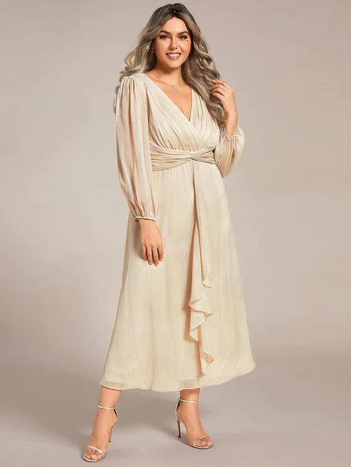 Plus Size Twist Knot Louts Leaf Long Sleeve A-Line Evening Dress With Prom Dresses Party Dresses Wedding Guest Dresses