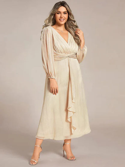 Plus Size Twist Knot Louts Leaf Long Sleeve A-Line Evening Dress With Prom Dresses Party Dresses Wedding Guest Dresses