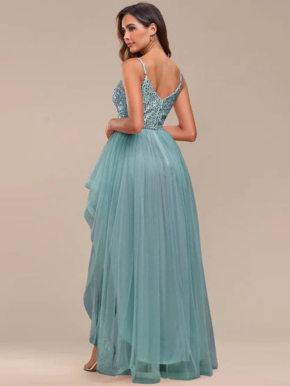 Spaghetti Strap Sequin Top A-Line High Low Tulle Asymmetric Evening Dress/Prom Dresses Party Dresses Wedding Guest Dresses