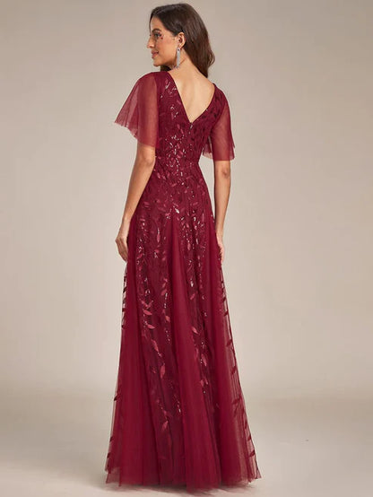 Shimmery V Neck Ruffle Sleeves Sequin Maxi Long Evening Dress/Prom Dresses Party Dresses Wedding Guest Dresses