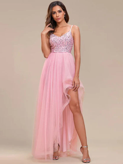 Spaghetti Strap Sequin Top A-Line High Low Tulle Asymmetric Evening Dress/Prom Dresses Party Dresses Wedding Guest Dresses