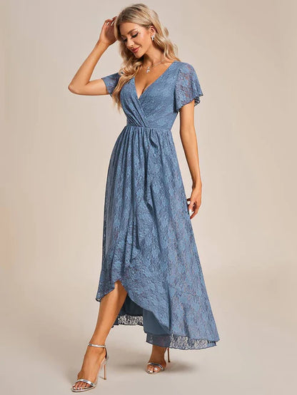 Asymmetric Pleated V-Neck Ankle-Length Short Sleeve Ruffled Lace Evening Dress/Prom Dresses Party Dresses Wedding Guest Dresses