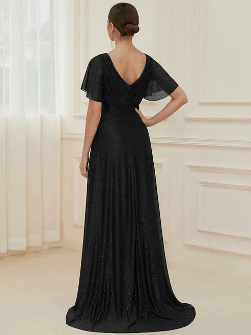 Sparkling Short Sleeve V-Neck Ribbon Waist A-Line Evening Dress/Prom Dresses Party Dresses Wedding Guest Dresses