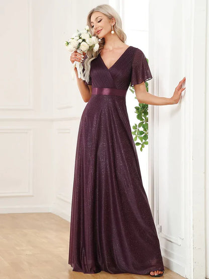 Sparkling Short Sleeve V-Neck Ribbon Waist A-Line Evening Dress/Prom Dresses Party Dresses Wedding Guest Dresses