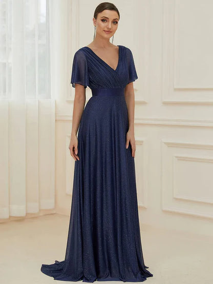 Sparkling Short Sleeve V-Neck Ribbon Waist A-Line Evening Dress/Prom Dresses Party Dresses Wedding Guest Dresses
