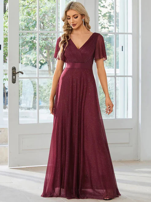 Sparkling Short Sleeve V-Neck Ribbon Waist A-Line Evening Dress/Prom Dresses Party Dresses Wedding Guest Dresses