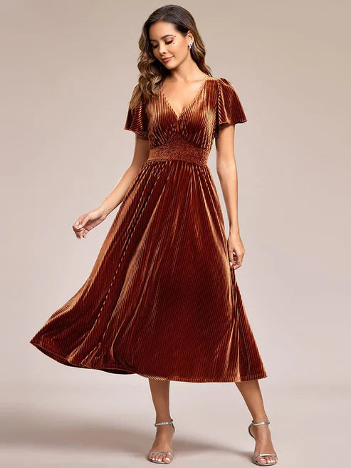 Graceful V-Neck Waist Design Short Sleeves Fall Velvet Midi Wedding Guest Dress/Prom Dresses Party Dresses