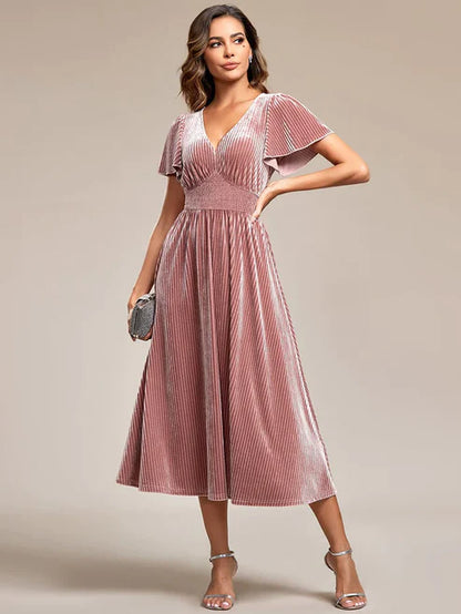Graceful V-Neck Waist Design Short Sleeves Fall Velvet Midi Wedding Guest Dress/Prom Dresses Party Dresses