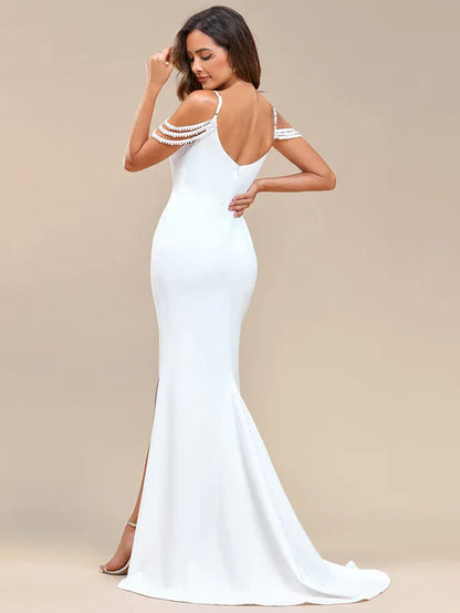 Pearl Chain Cold Shoulder Front Slit Pleated Mermaid Wedding Dress/Prom Dresses Party Dresses Wedding Guest Dresses