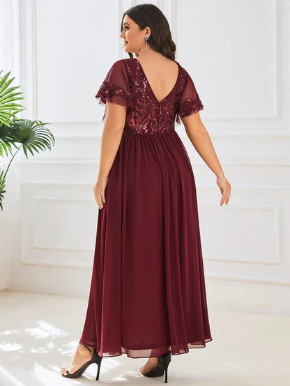 Plus Size V-Neck Short Sleeve Sequin Bodice Mother of the Bride Dress/Prom Dresses Party Dresses Wedding Guest Dresses