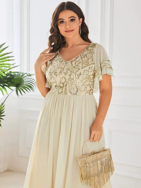 Plus Size V-Neck Short Sleeve Sequin Bodice Mother of the Bride Dress/Prom Dresses Party Dresses Wedding Guest Dresses