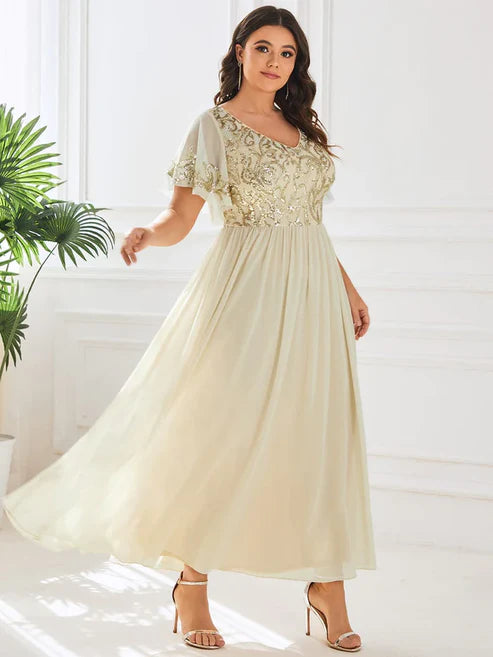 Plus Size V-Neck Short Sleeve Sequin Bodice Mother of the Bride Dress/Prom Dresses Party Dresses Wedding Guest Dresses