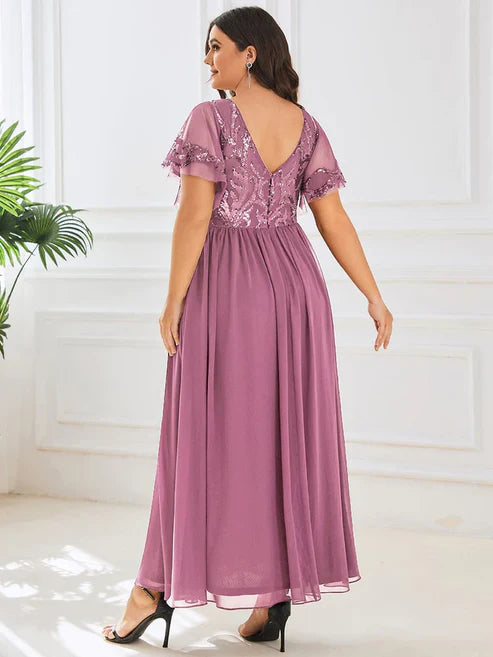 Plus Size V-Neck Short Sleeve Sequin Bodice Mother of the Bride Dress/Prom Dresses Party Dresses Wedding Guest Dresses