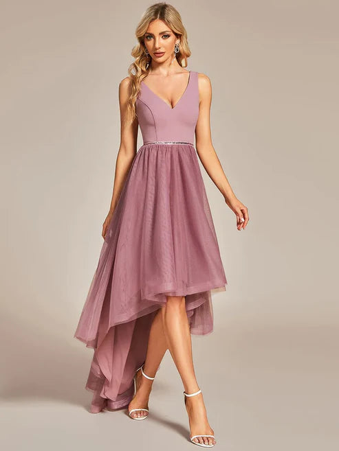 Sleeveless Tulle High Low Prom Dress with Waist Chain Evening Dresses/Prom Dresses Party Dresses Wedding Guest Dresses