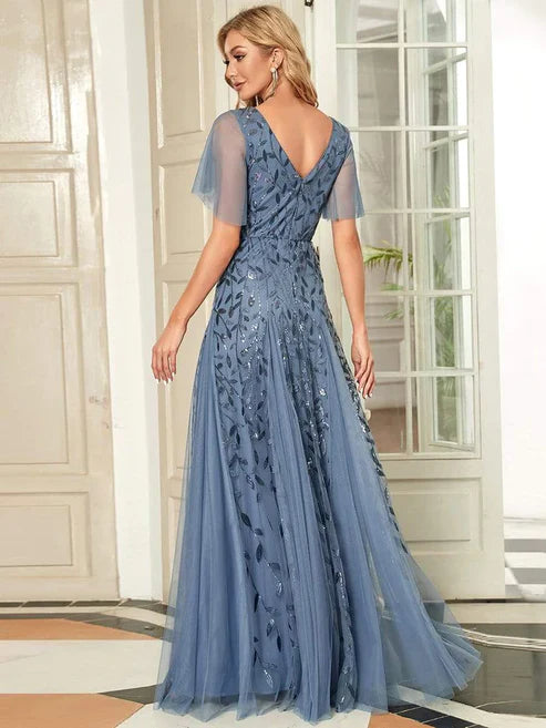 Shimmery V Neck Ruffle Sleeves Sequin Maxi Long Evening Dress/Prom Dresses Party Dresses Wedding Guest Dresses
