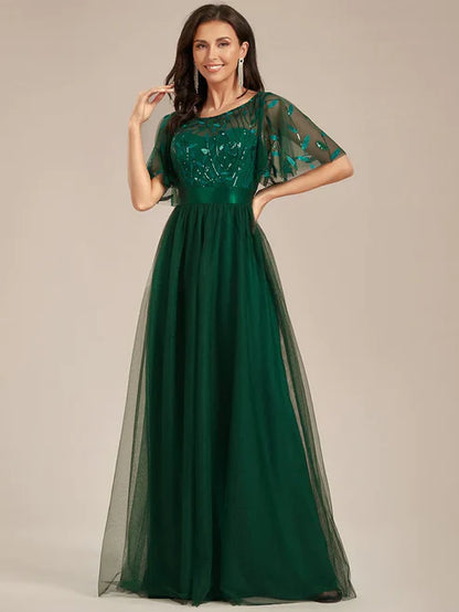 A-Line Sequin Leaf Maxi Prom Dress with Sleeves/Evening Dresses Party Dresses Wedding Guest Dresses