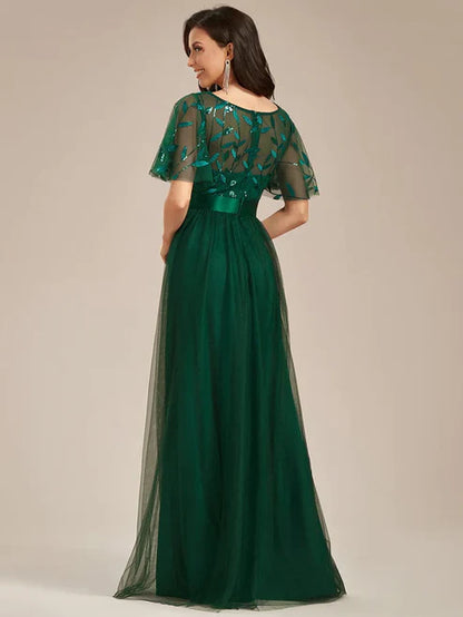 A-Line Sequin Leaf Maxi Prom Dress with Sleeves/Evening Dresses Party Dresses Wedding Guest Dresses