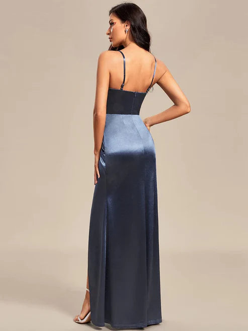 Pleated Front Slit Spaghetti Straps High Stretch Bodycon Satin Bridesmaid Dress/Prom Dresses Party Dresses Wedding Guest Dresses