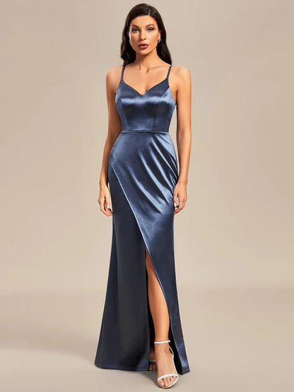 Pleated Front Slit Spaghetti Straps High Stretch Bodycon Satin Bridesmaid Dress/Prom Dresses Party Dresses Wedding Guest Dresses