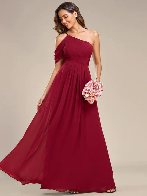 One-Shoulder Sleeveless Chiffon Bridesmaid Dress/Prom Dresses Floor Length Party Dresses Wedding Guest Dresses