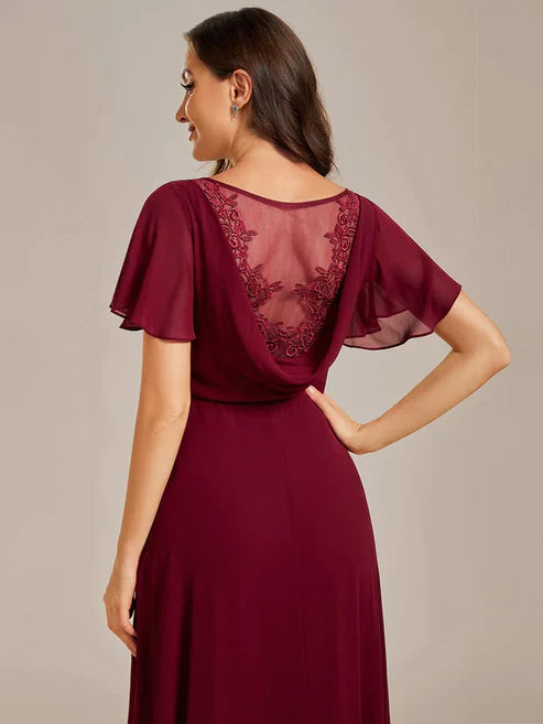 Back See-Through Swing Collar Applique Ruffles Sleeve A-Line Evening Dress/Prom Dresses Party Dresses