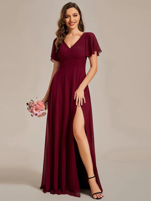 Back See-Through Swing Collar Applique Ruffles Sleeve A-Line Evening Dress/Prom Dresses Party Dresses