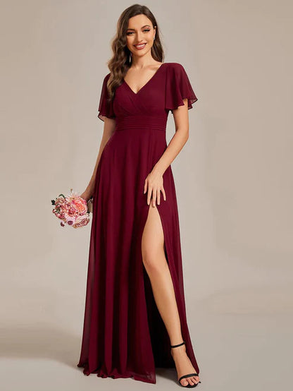 Back See-Through Swing Collar Applique Ruffles Sleeve A-Line Evening Dress/Prom Dresses Party Dresses