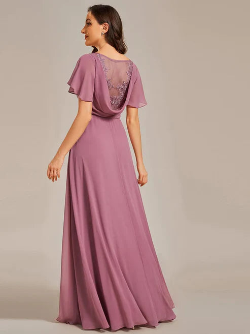 Back See-Through Swing Collar Applique Ruffles Sleeve A-Line Evening Dress/Prom Dresses Party Dresses