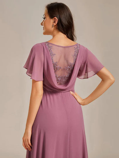 Back See-Through Swing Collar Applique Ruffles Sleeve A-Line Evening Dress/Prom Dresses Party Dresses