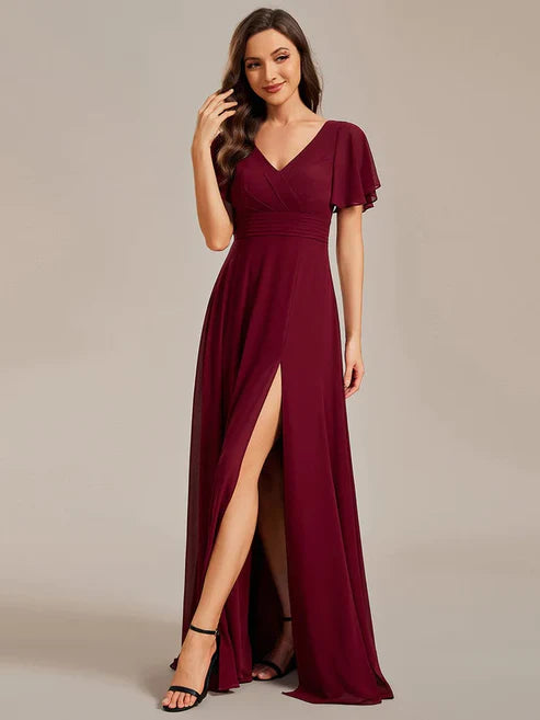 Back See-Through Swing Collar Applique Ruffles Sleeve A-Line Evening Dress/Prom Dresses Party Dresses