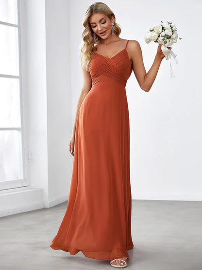 Criss Cross Spaghetti Straps V-Neck Floor Length Chiffon Backless A-Line Bridesmaid Dress/Evening Dresses