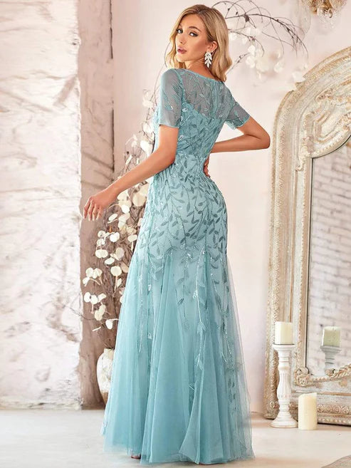 Floral Sequin Maxi Fishtail Tulle Prom Dress with Short Sleeve/From Dresses Party Dresses Wedding Guest Dresses