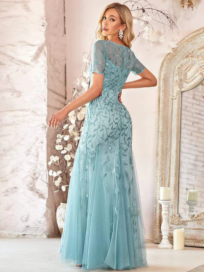 Floral Sequin Maxi Fishtail Tulle Prom Dress with Short Sleeve/From Dresses Party Dresses Wedding Guest Dresses