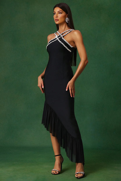 Edgy Black Halter with Crystal Embellished Straps, Asymmetric Ruffle Hem and Midi Evening Dress