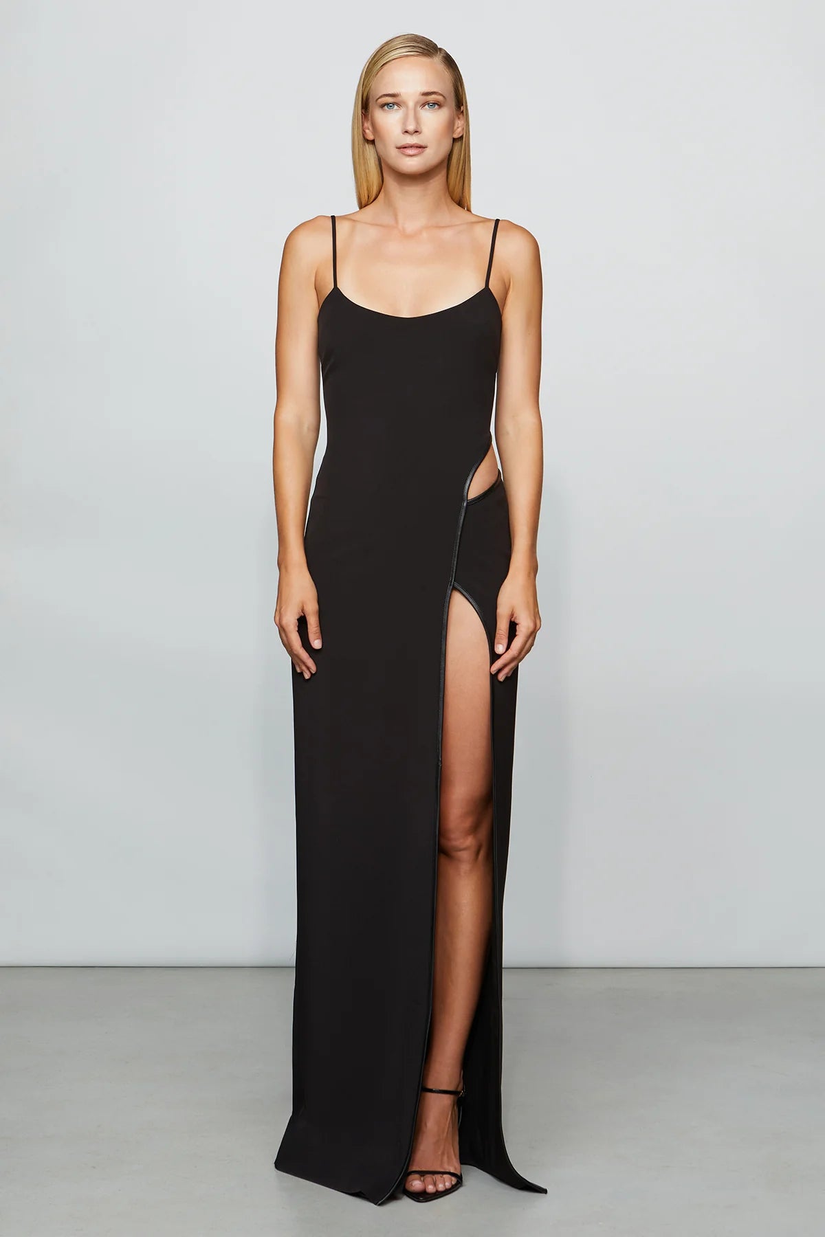 Edgy Black Spaghetti Strap Side Cut-Out High Slit Floor-Length Evening Dress