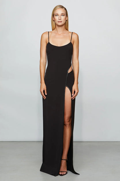 Edgy Black Spaghetti Strap Side Cut-Out High Slit Floor-Length Evening Dress