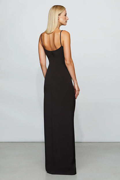 Edgy Black Spaghetti Strap Side Cut-Out High Slit Floor-Length Evening Dress
