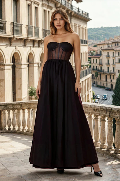 Edgy Black Strapless with Sheer Mesh Corset Bodice, Lace-Up Back and Flowy Tulle Ballgown Evening Dress